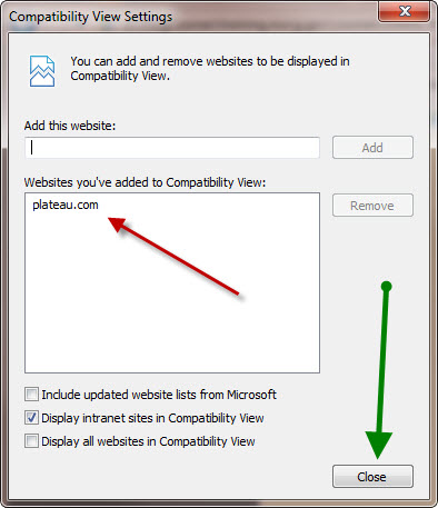 Verify that "plateau.com" was added and select the "Close" button.