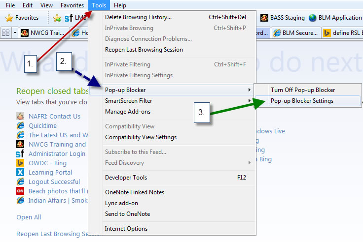 Selcet "Tools", "Pop-up Blocker", then select "Pop-up Blocker Settings".